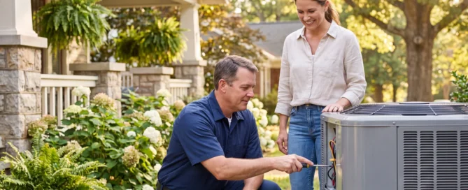 AC Repair technician working on an air conditioning unit while talking to a woman out side of her home