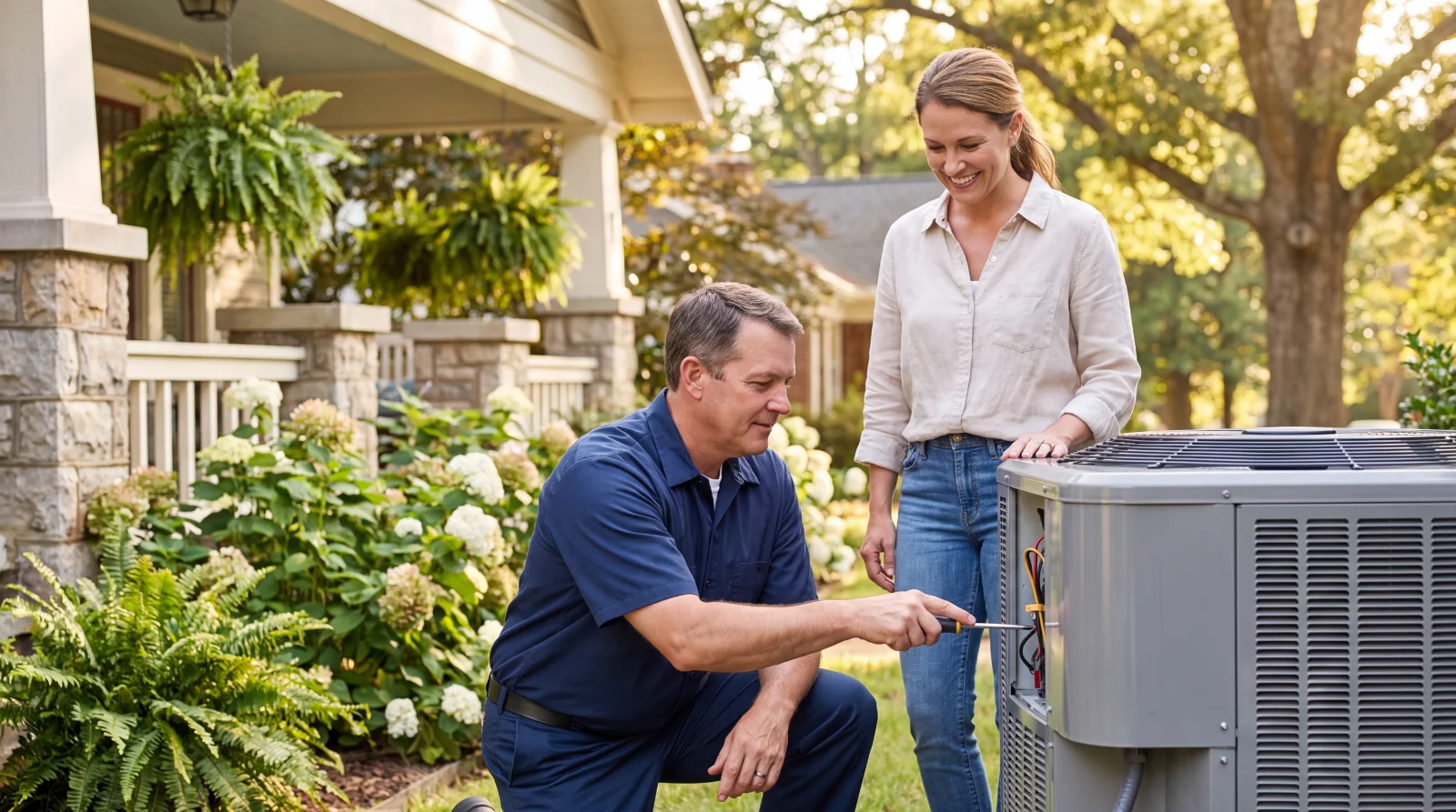 AC Repair technician working on an air conditioning unit while talking to a woman out side of her home